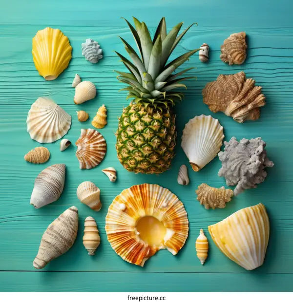 A pineapple and seashells on a blue background