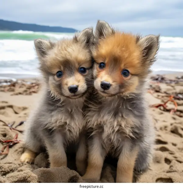 Two Adorable Pomeranian Puppies on the Beach