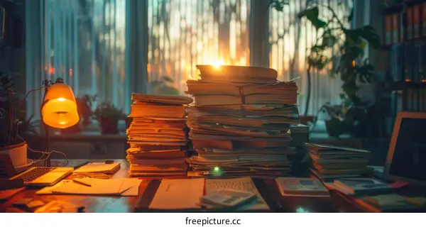 A Messy Desk with Books, Papers, and a Lamp
