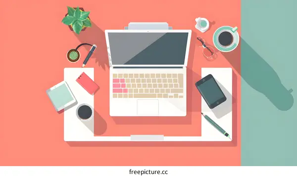 Top View Flat Lay Illustration Of A Desk Workplace