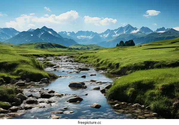 Alpine valley landscape with river and mountains in the background