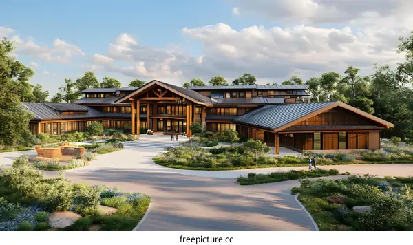 Modern Wooden House with Large Windows and a Winding Path