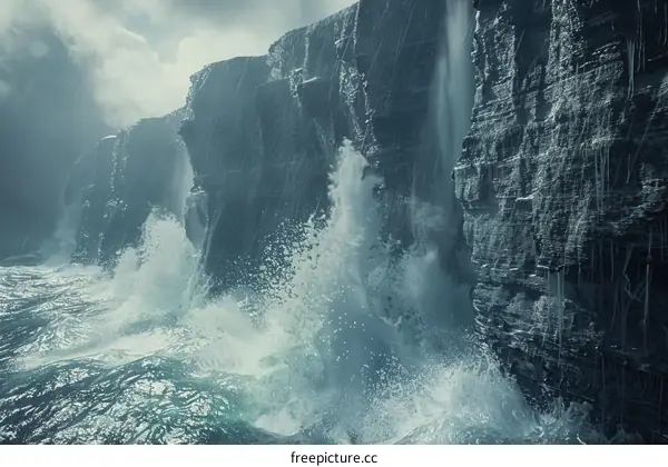 Giant ocean waves crashing down on a rocky cliff