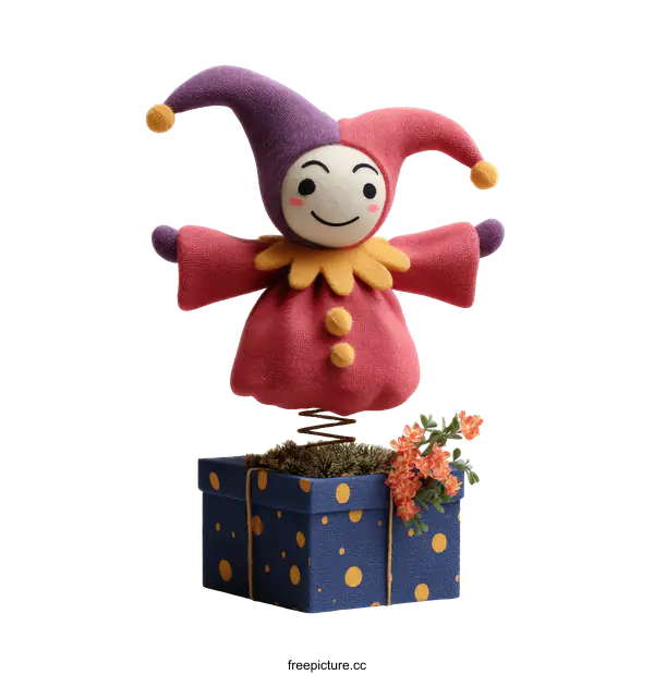 [Transparent Background PNG]Jumping Jester in Gift Box Illustration