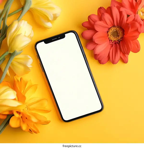 Smartphone Mockup with Flowers on Yellow Background
