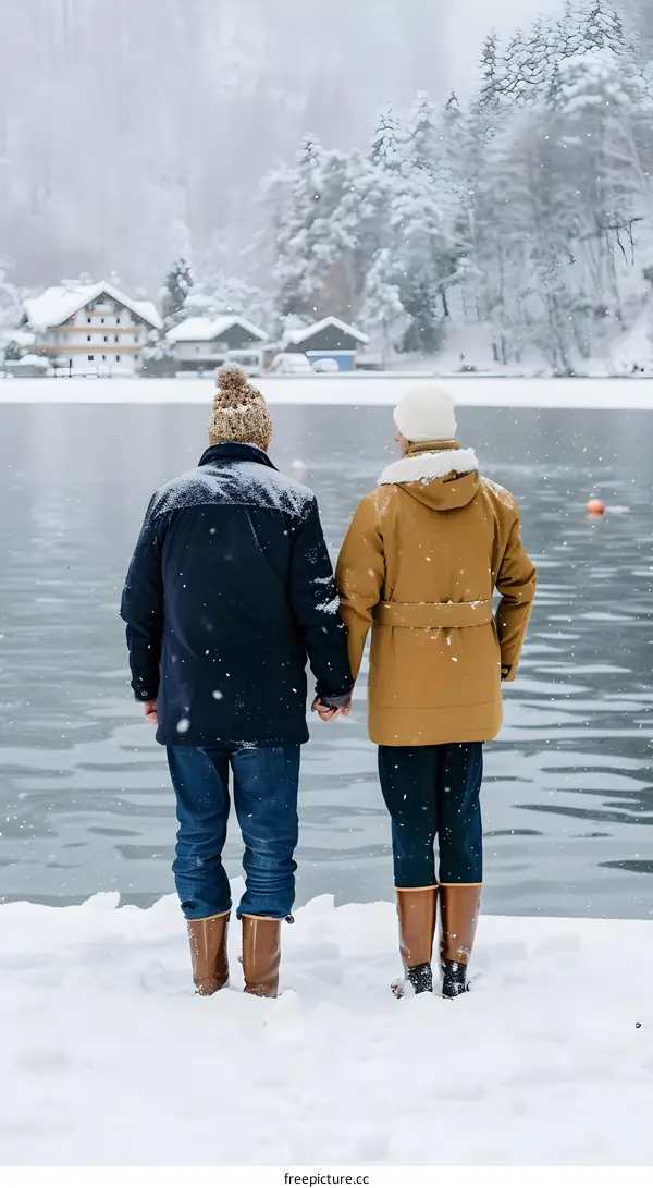 Couple Holding Hands In Winter Landscape