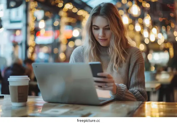 Young woman using laptop and mobile phone in cafe