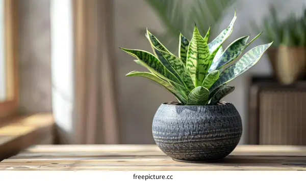 A beautiful snake plant in a pot sits on a wooden table near a window.
