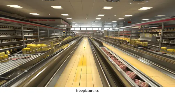 Empty Supermarket Aisle with Wooden Floor