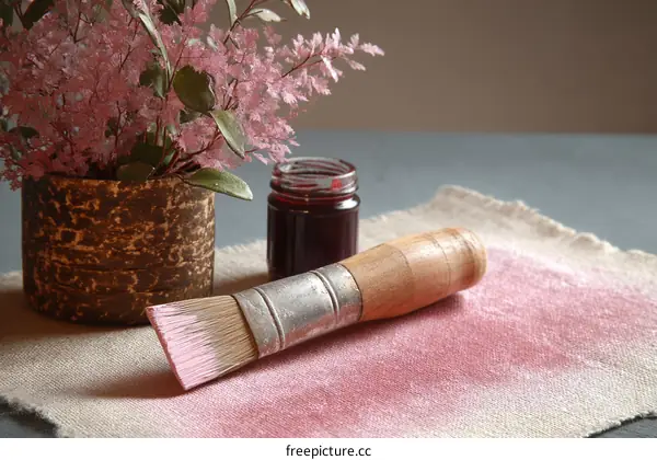 Pink Paintbrush on Linen Cloth with Flowers and Jar