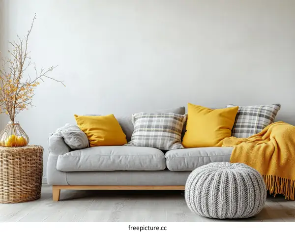 Modern Living Room Interior Design with Gray Sofa and Mustard Yellow Accents