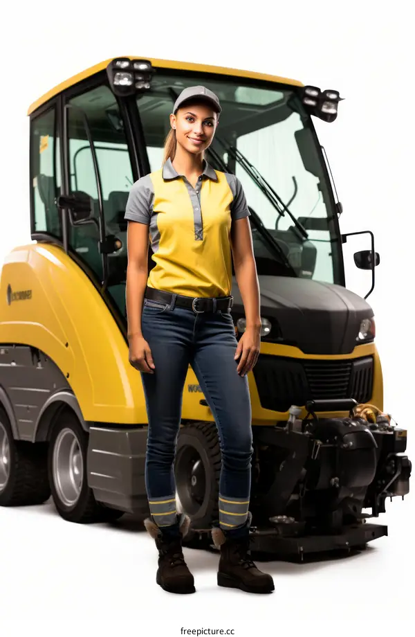 A smiling woman standing in front of a yellow and gray industrial cleaning machine