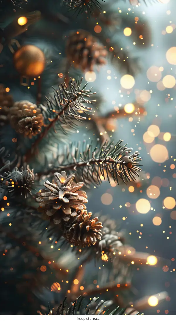 Christmas Tree Decorated with Pine Cones and Fairy Lights