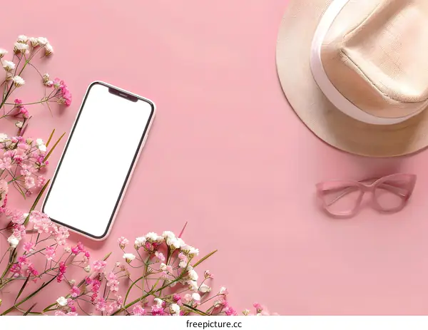 Pink Background with Flowers, Phone, Sunglasses and Hat