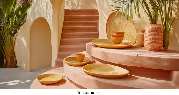 Wicker Basket Set on Pink Stone Steps