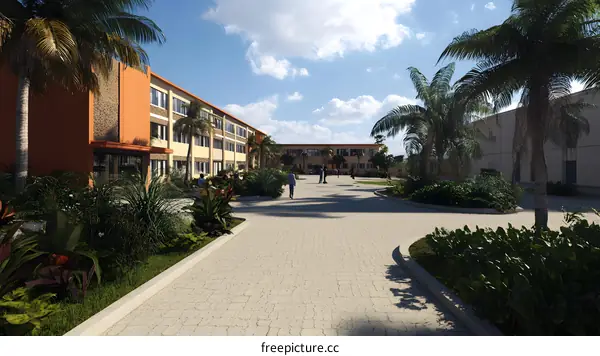 Modern School Building with Palm Trees and Students Walking