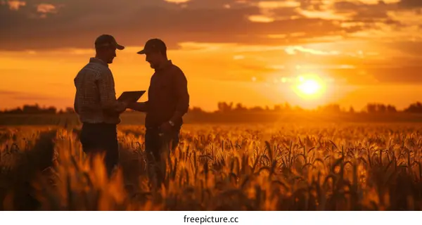 Two farmers are standing in a wheat field and looking at a digital tablet.