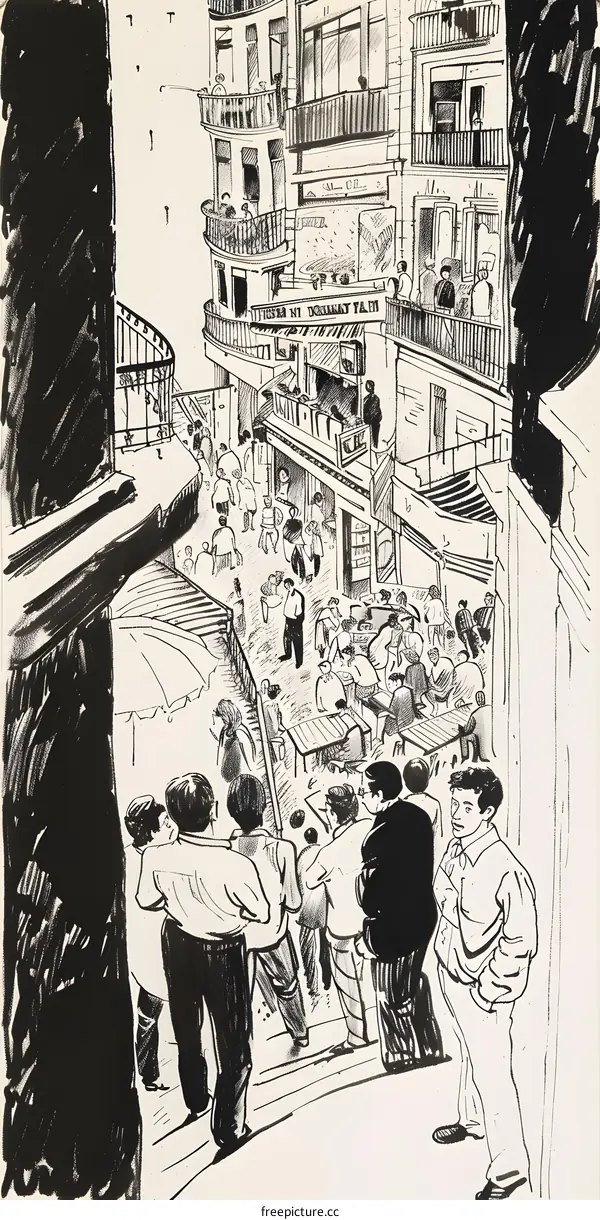 Black and White Ink Drawing of People Gathering in a European City