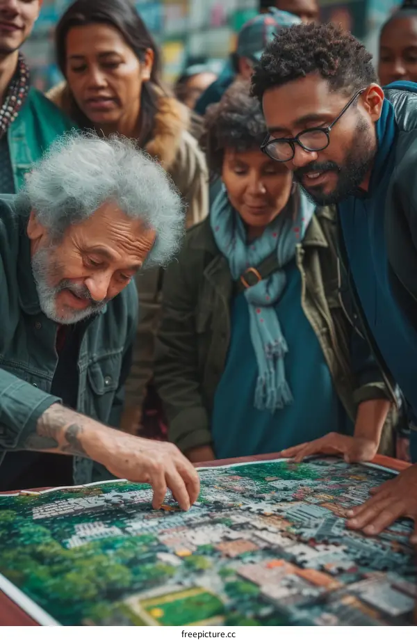 A group of people of different ethnicities are working together on a puzzle.