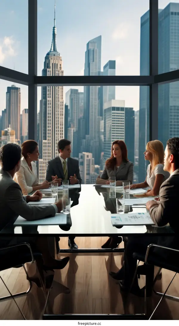 A group of people are sitting around a table having a meeting