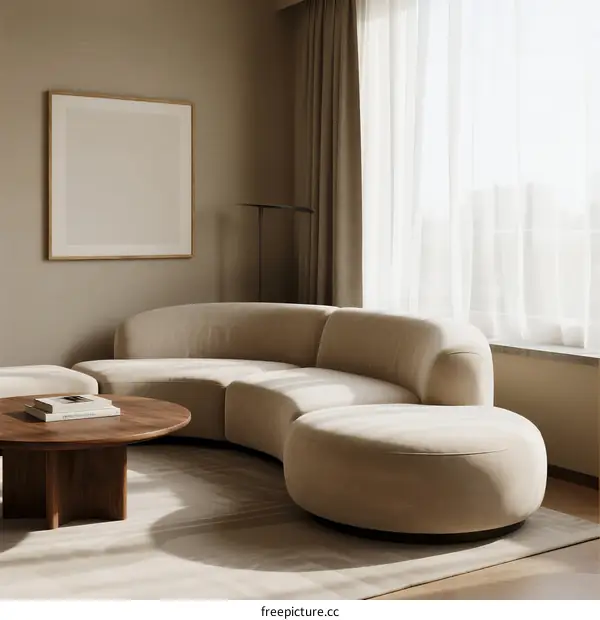 Modern curved sofa with wooden coffee table in bright living room
