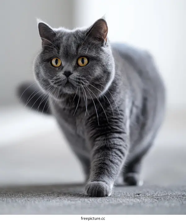 A gray British shorthair cat is walking on the floor