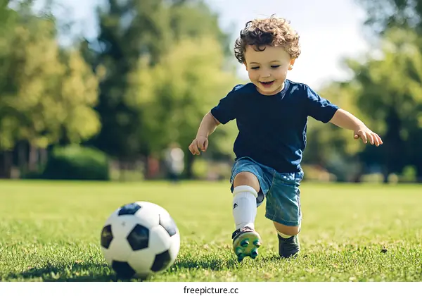 Young Boy Plays Soccer In A Park