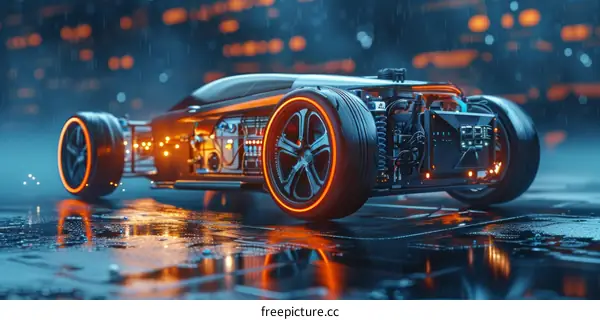 Futuristic Car with Sleek Design and Glowing Orange Wheels