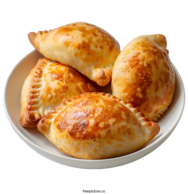 [Transparent Background PNG]Four baked empanadas on a white plate