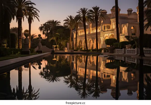 Palm Trees Reflecting in Pool by Luxury Mansion at Sunset