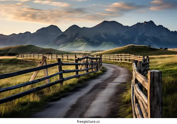 A dirt road winds through a grassy field with mountains in the distance