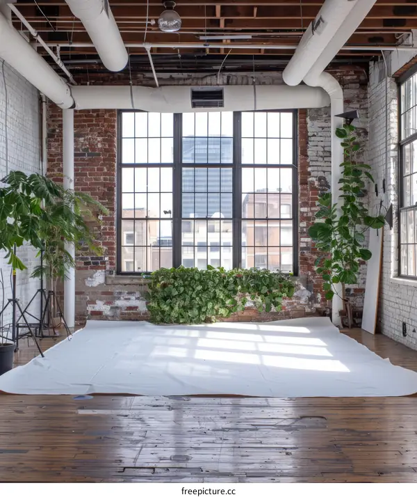 large open room with brick walls and large windows