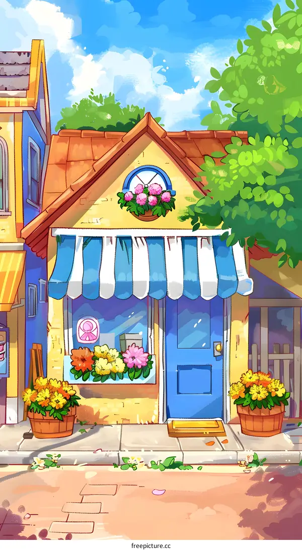 Cute Cartoon Illustration of Yellow Flower Shop With Blue Door and Blue Striped Awning