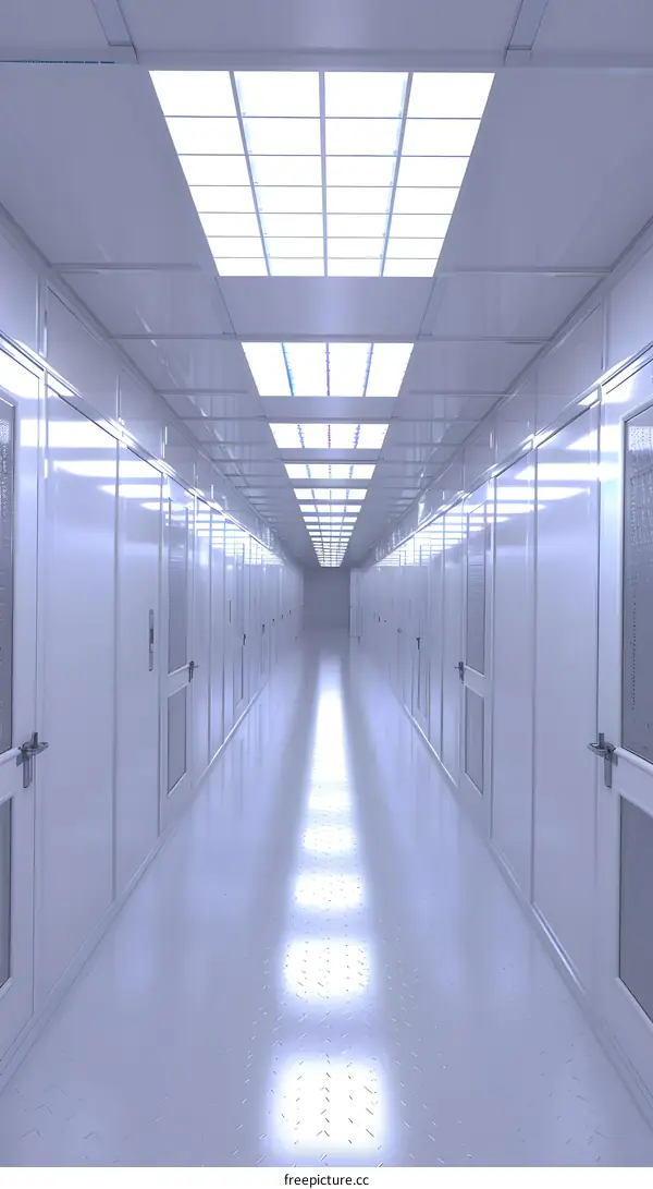 Empty White Corridor with Doors and Lighting
