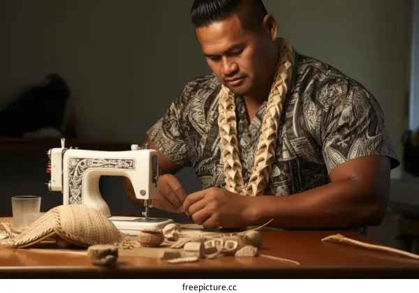Native Hawaiian man sewing a traditional Hawaiian quilt
