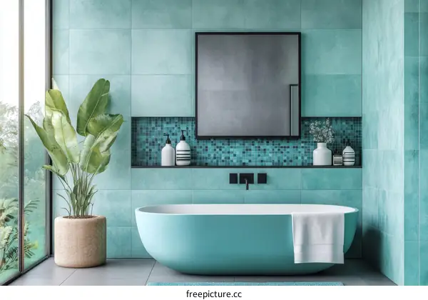 Modern Turquoise Bathroom with Plants and Bathtub