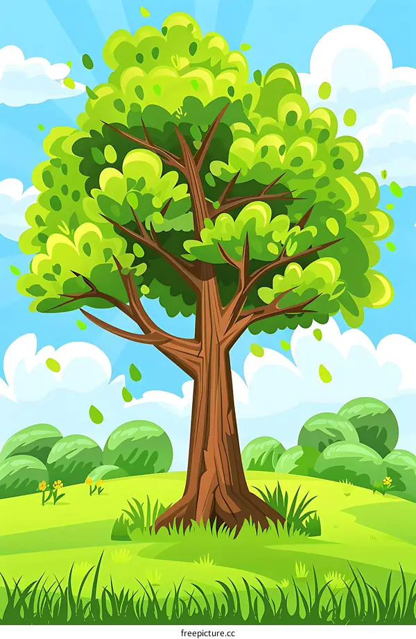 Cartoon Illustration of a Tree in a Green Meadow with a Blue Sky