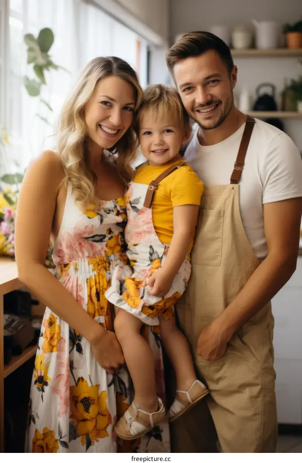 Happy family of three in the kitchen