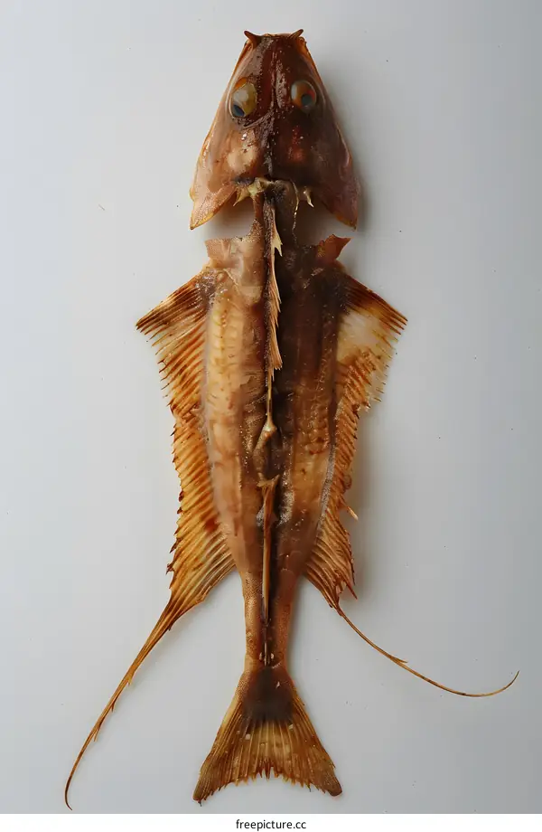 Dried Stargazer Fish Skeleton on White Background