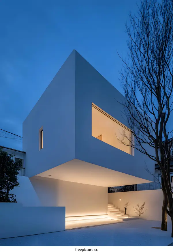Modern White House with Large Window at Dusk