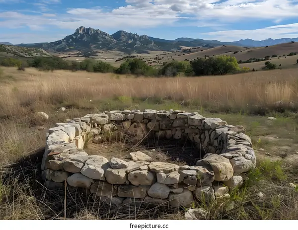 A stone corral in the middle of a dry grass field with mountains in the distance