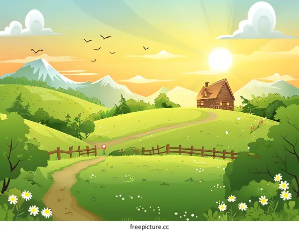Countryside Landscape Illustration With Wooden House, Mountain, and Sunrise