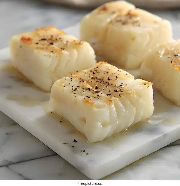 Four pieces of codfish on a marble surface