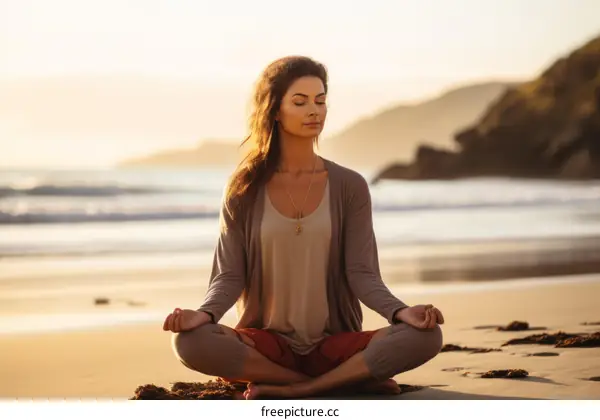 meditating woman beach sunset yoga pose