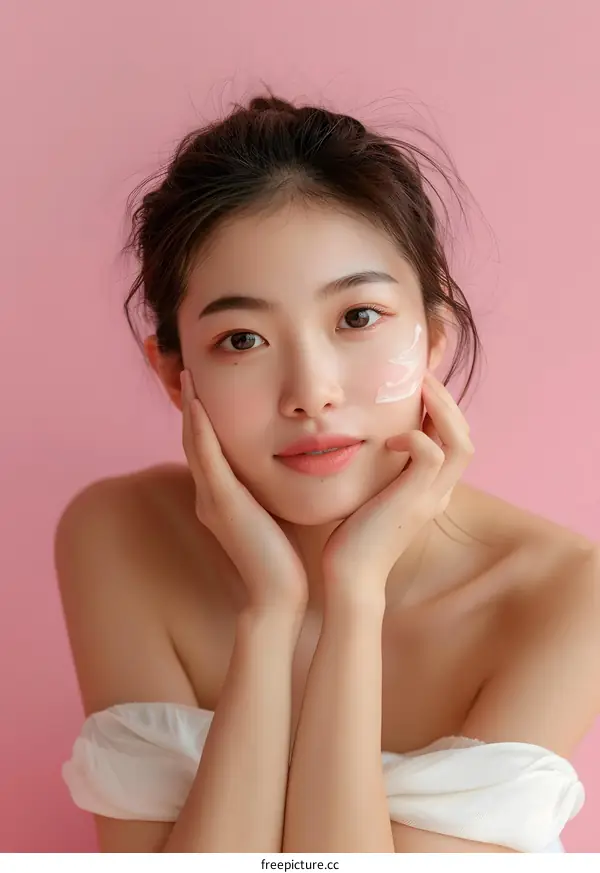 Beautiful Asian Woman Applying Cream On Her Face