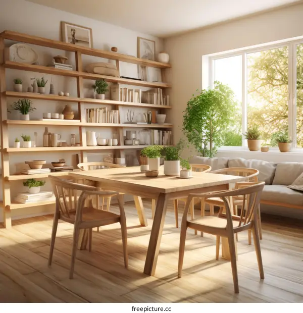 A wooden table and chairs in a room with a large window and a bookshelf