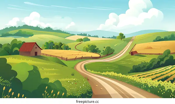 Countryside Road Winding Through Green Hills