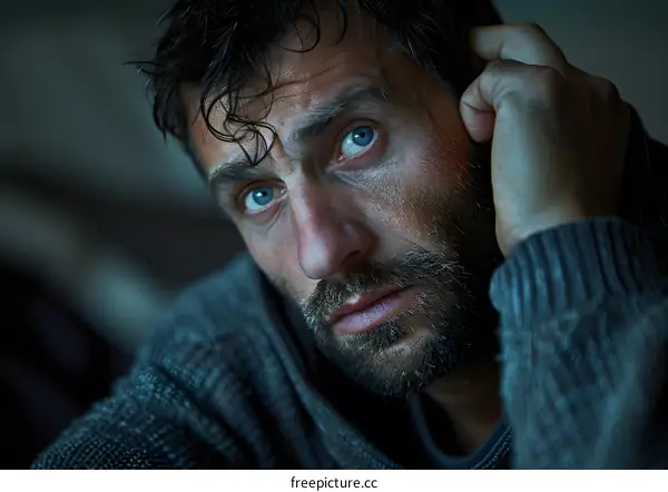 Portrait of a man with intense blue eyes and a beard