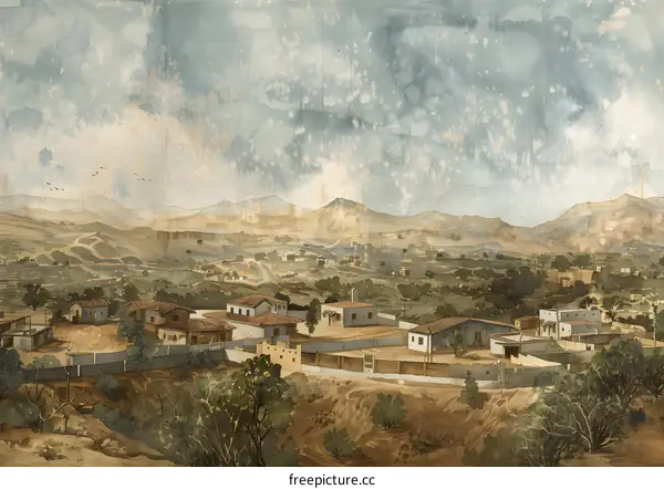 Watercolor Painting of a Village in the Mountains