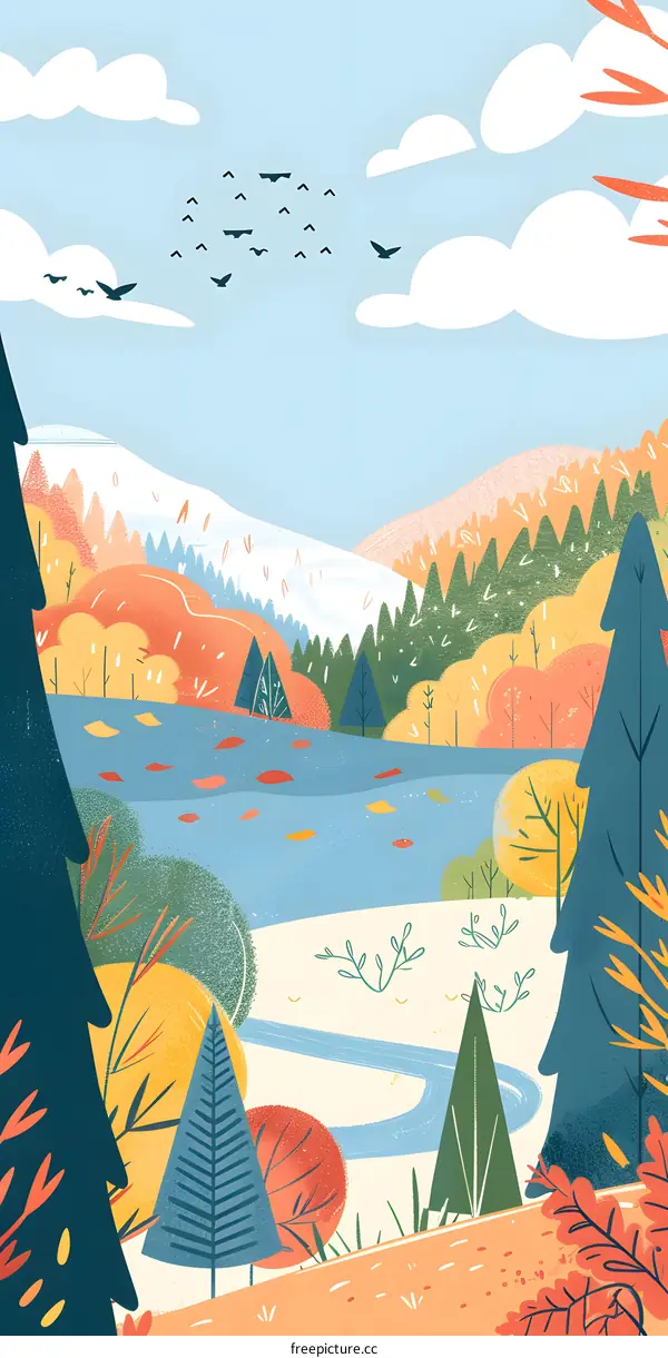 Autumn Landscape with Birds and a River